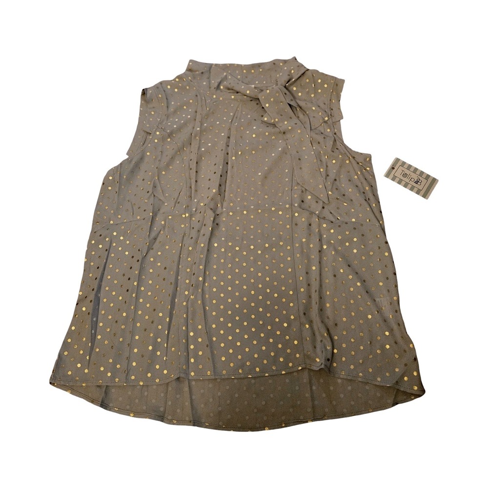 Tulip B Womens Lavender Grey Gold Metallic Polka Dot Tie Neck Sleeveless TOP NWT